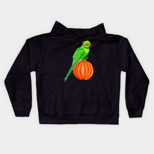 Cute Halloween Ringneck Parrot on Autumn Pumpkin Kids Hoodie